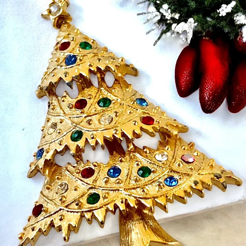Eisenberg Ice Vintage Christmas Tree Pin Brooch Multi-Color Rhinestones Signed